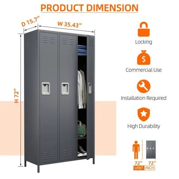 3-Door Metal Locker Storage Cabinet for Home, Gym, and Office - Image 6