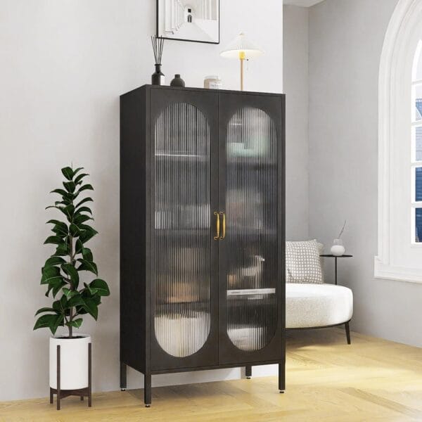 Tall Metal Display Cabinet with Glass Doors and Shelves - Image 6