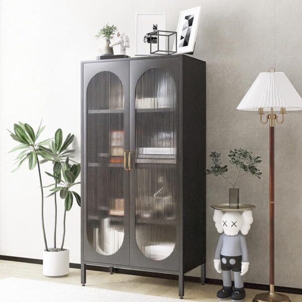 Tall Metal Display Cabinet with Glass Doors and Shelves - Image 4