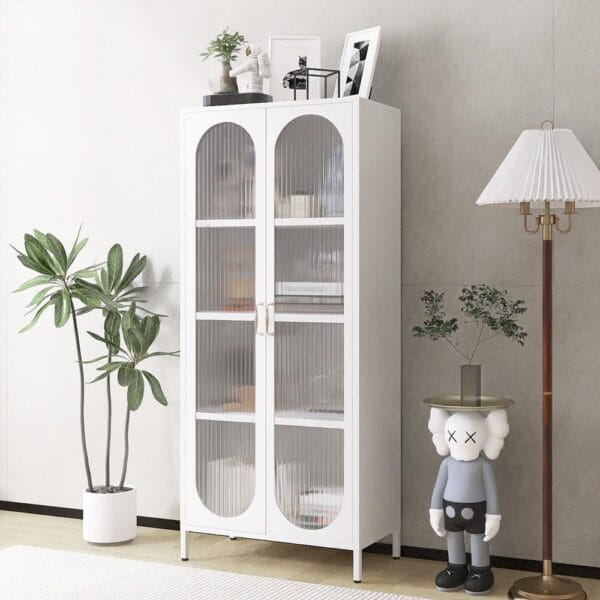 Tall Metal Display Cabinet with Glass Doors and Shelves